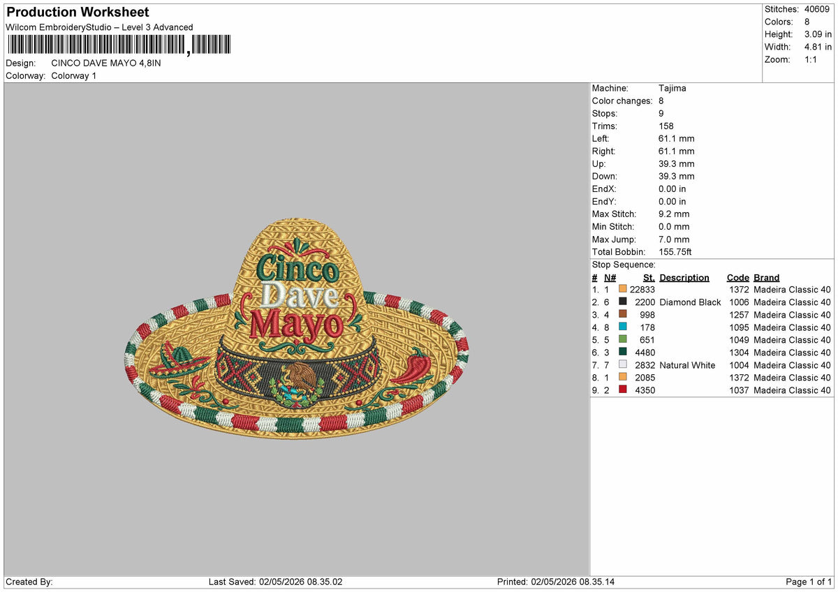 CINCO DAVE MAYO Embroidery File 6 sizes