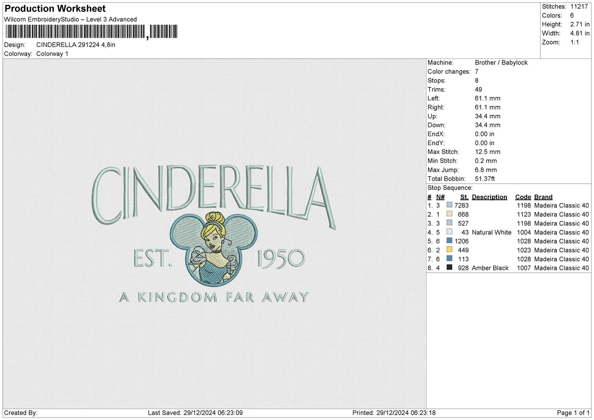 CINDERELLA 291224 Embroidery File 6 size