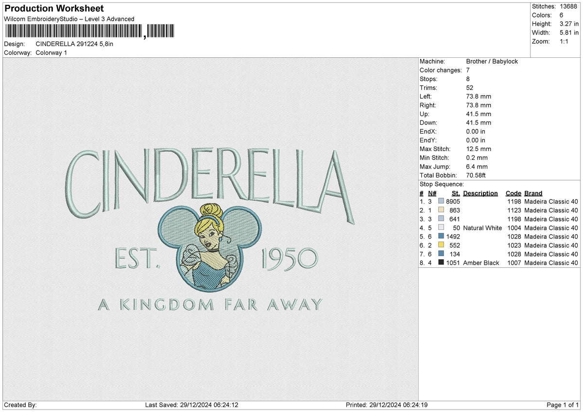 CINDERELLA 291224 Embroidery File 6 size