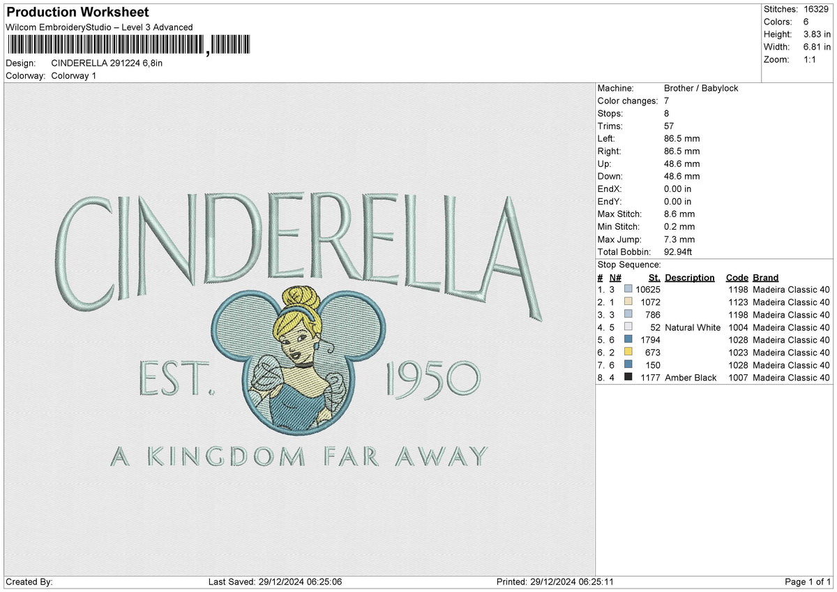 CINDERELLA 291224 Embroidery File 6 size