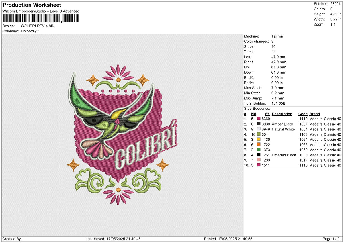 COLIBRI Embroidery File&nbsp;6 size