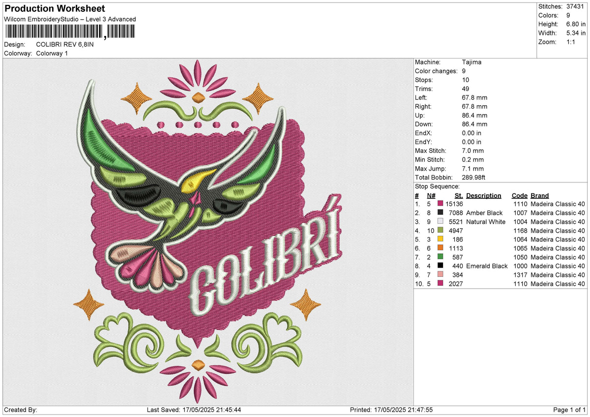COLIBRI Embroidery File&nbsp;6 size