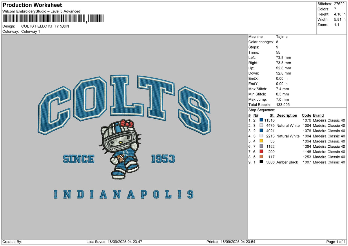 COLTS HELLO KITTY Embroidery File 6 sizes