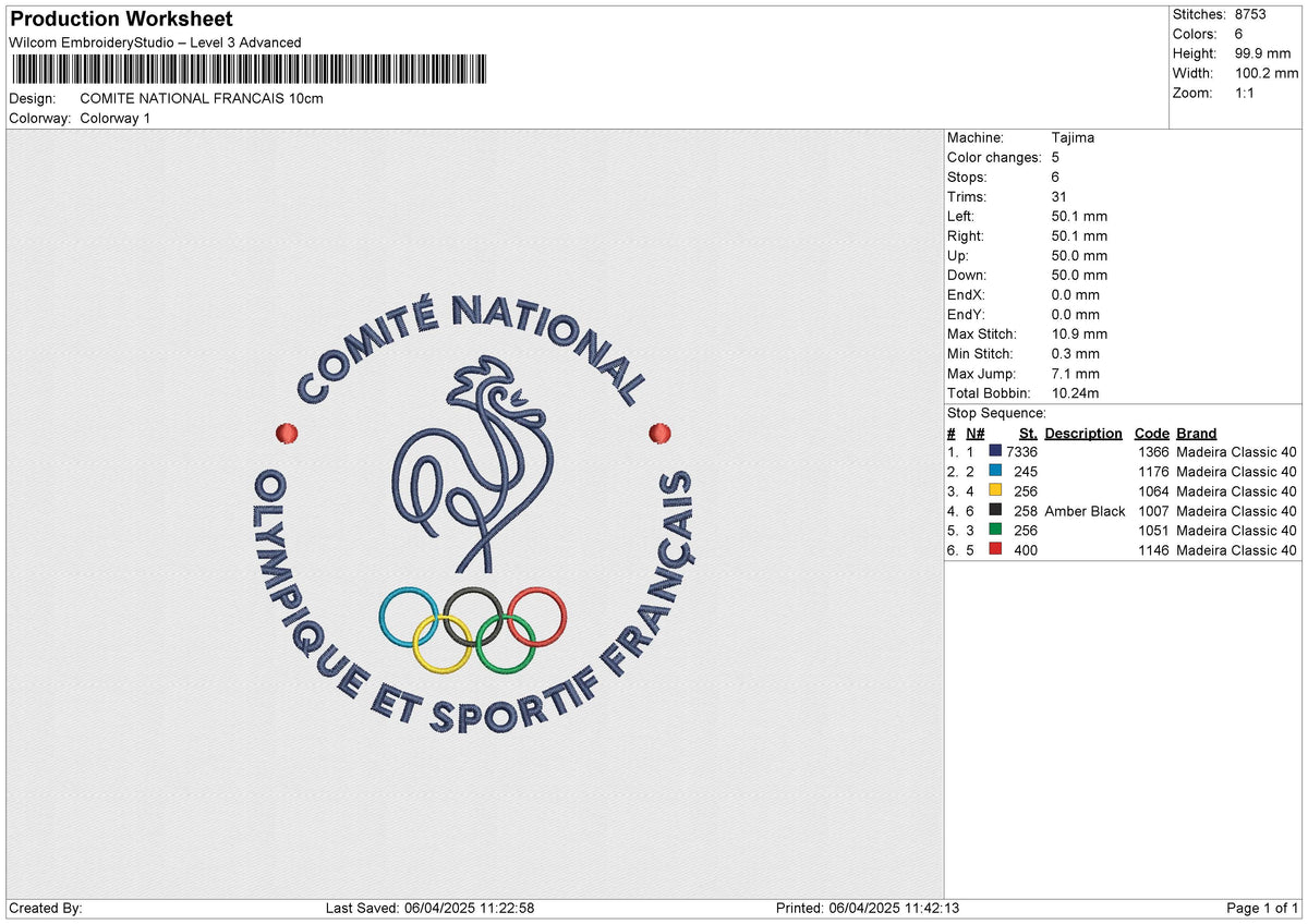 COMITE NATIONAL FRANCAIS Embroidery File 6 size