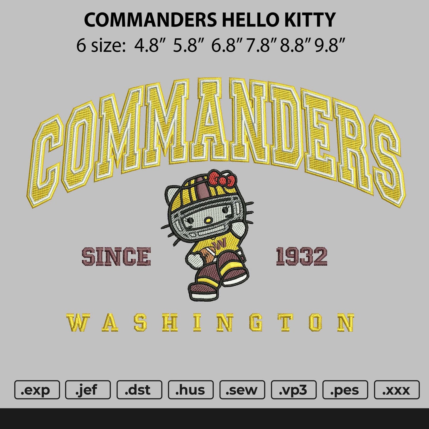 COMMANDERS HELLO KITTY Embroidery File 6 sizes
