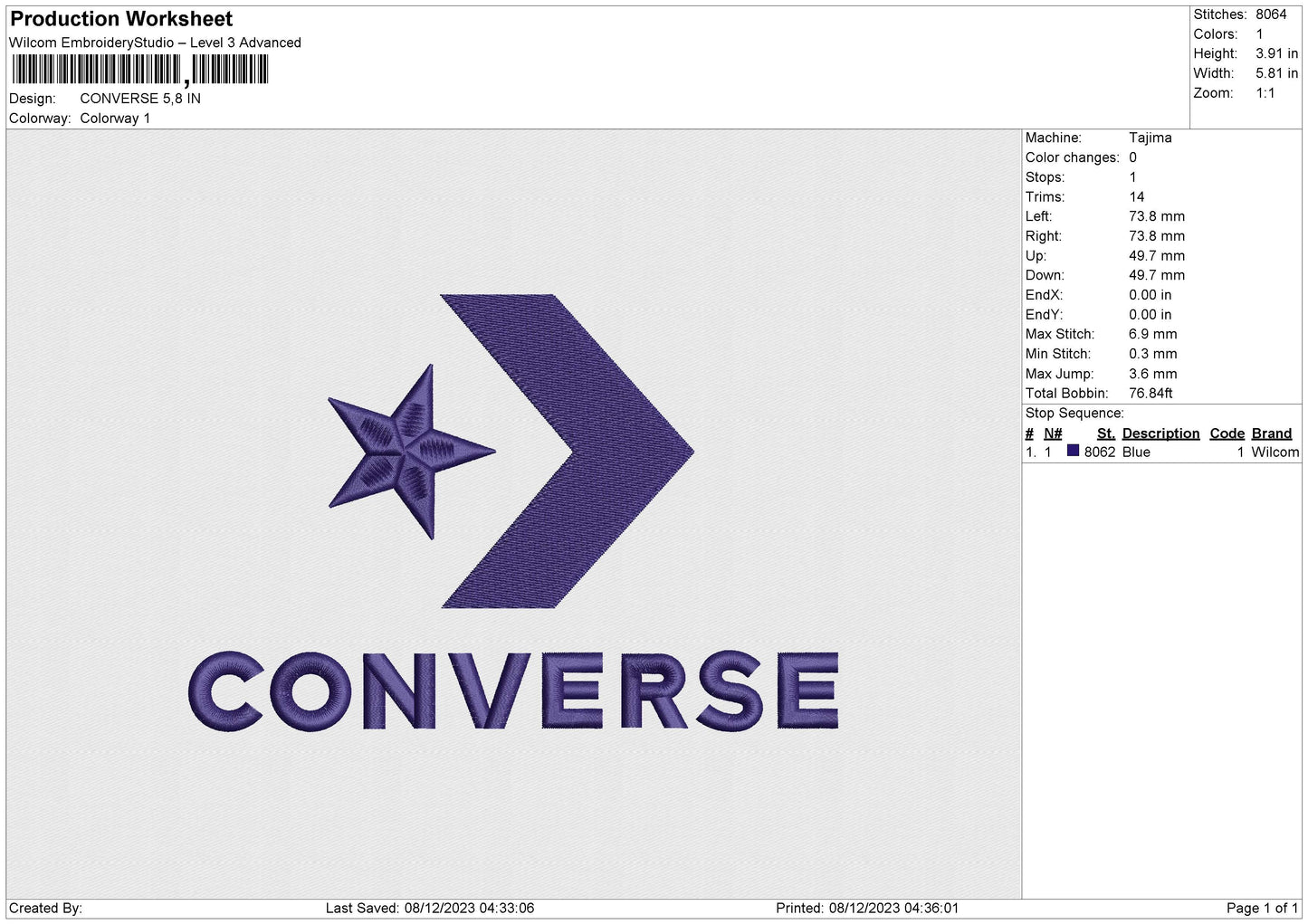 CONVERSE Embroidery File 6 size