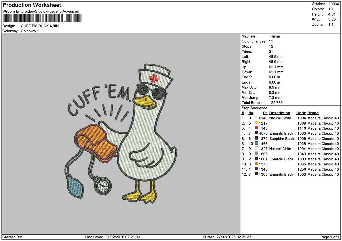 Duck 2702 Embroidery File 6 sizes