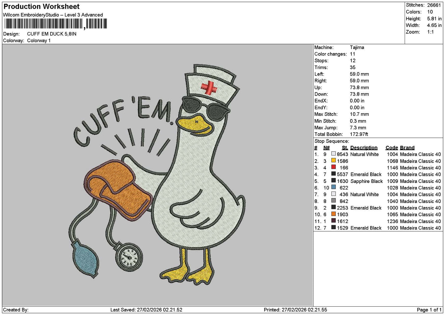 Duck 2702 Embroidery File 6 sizes