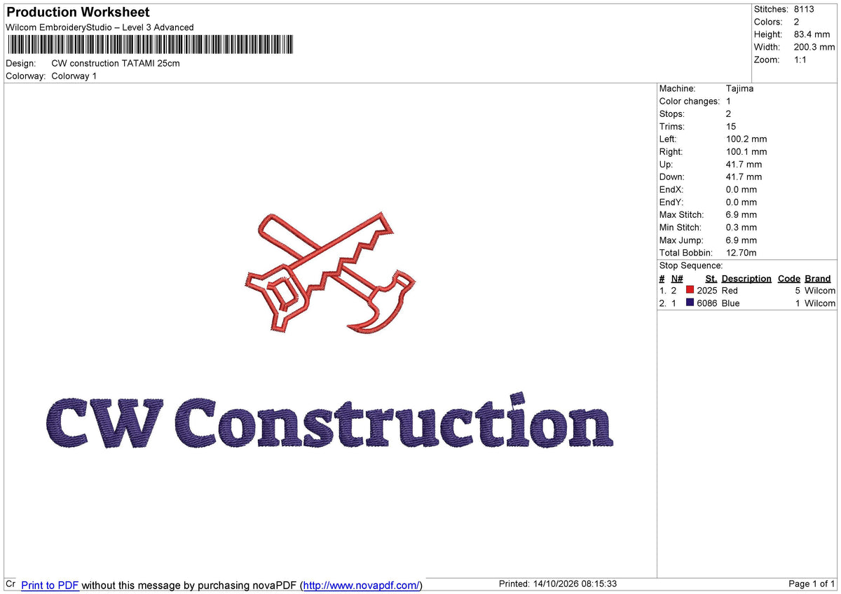 CW construction Embroidery File 6 Size