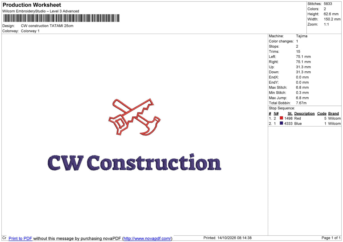 CW construction Embroidery File 6 Size