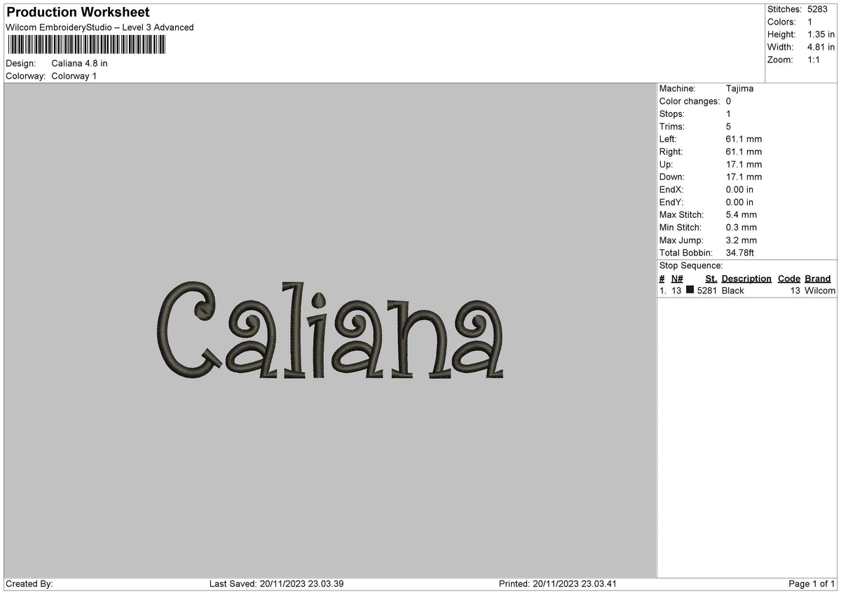 Caliana text Embroidery File 6 sizes