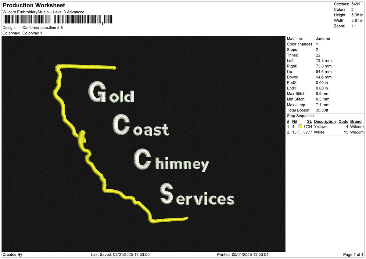 California Coastline Embroidery File 6 size