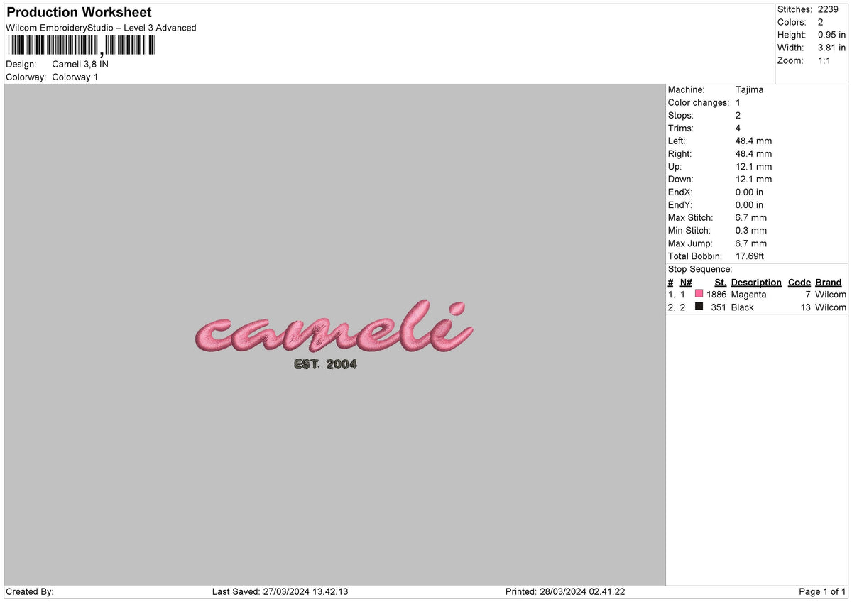 Camelitext Embroidery File 6 sizes