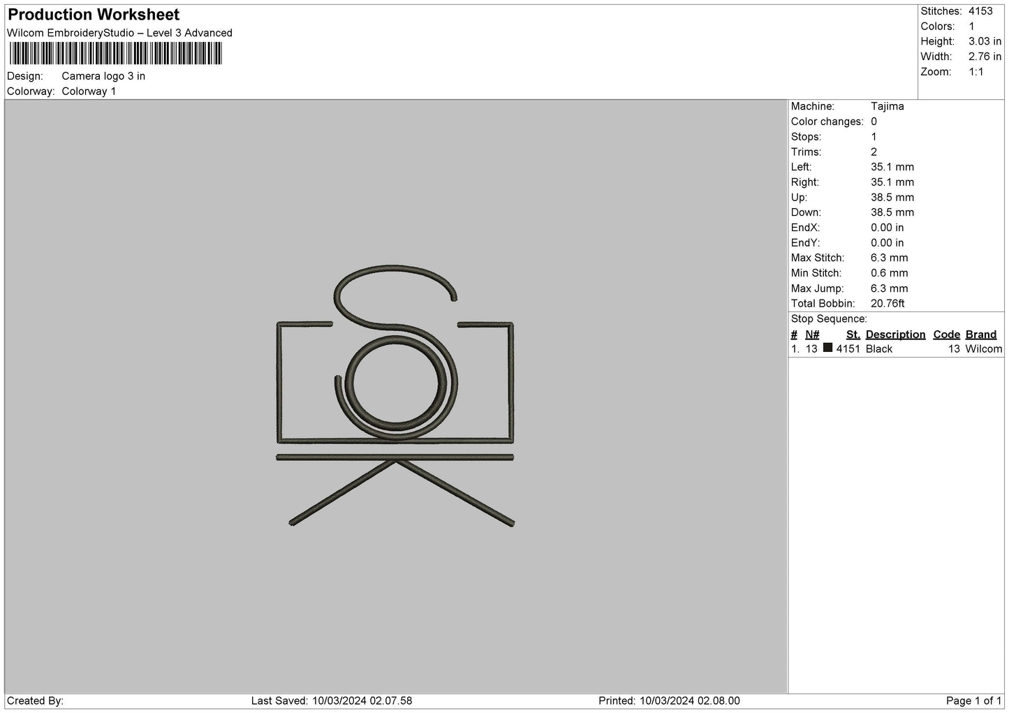 Camera Line Embroidery File 6 sizes