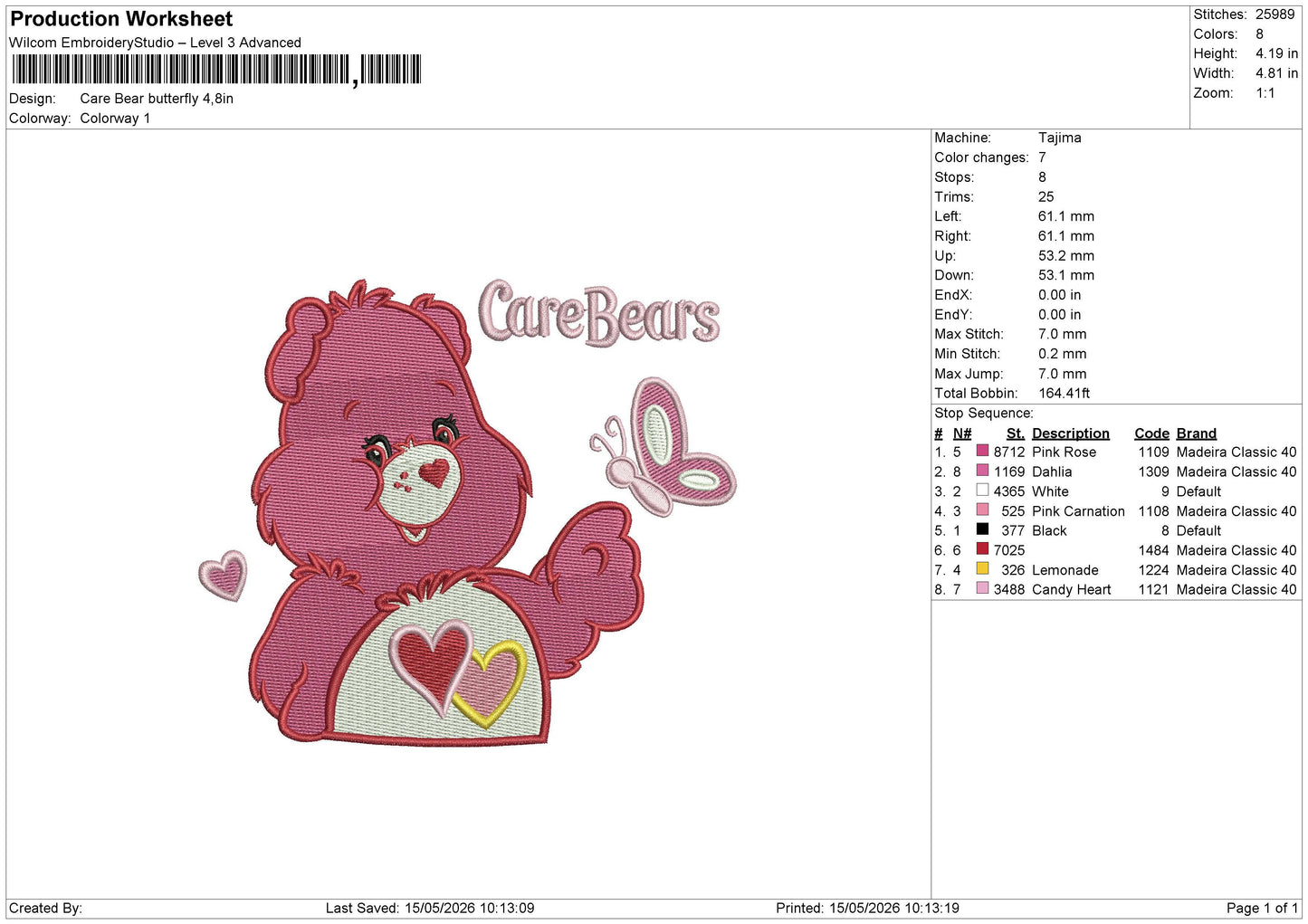 Care Bear butterfly Embroidery File 6 sizes