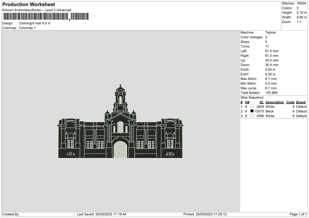 Cartwright Hall Embroidery File 6 sizes