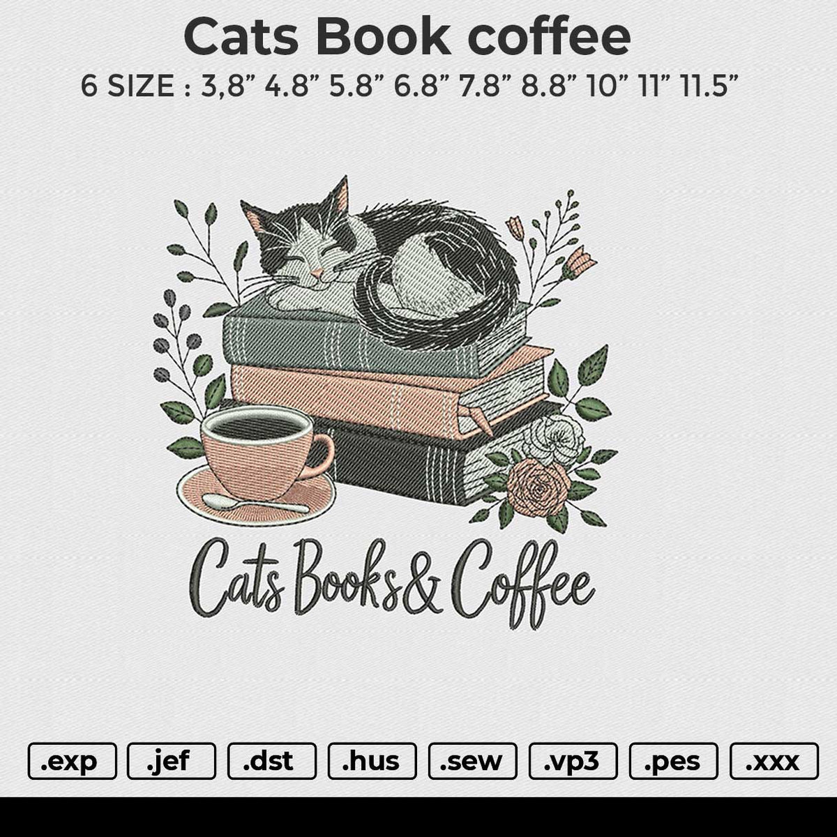 Cats Book coffee Embroidery File 6 size