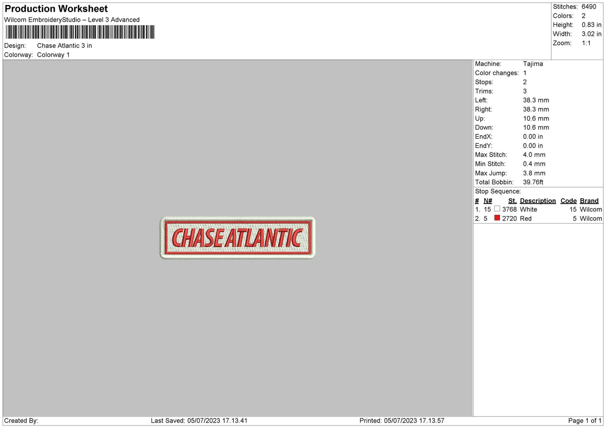 Chase Atlantic Embroidery File 6 sizes