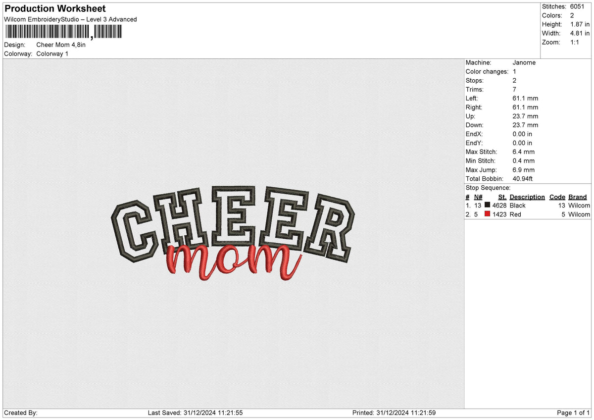 Cheer Mom Embroidery File 6 size