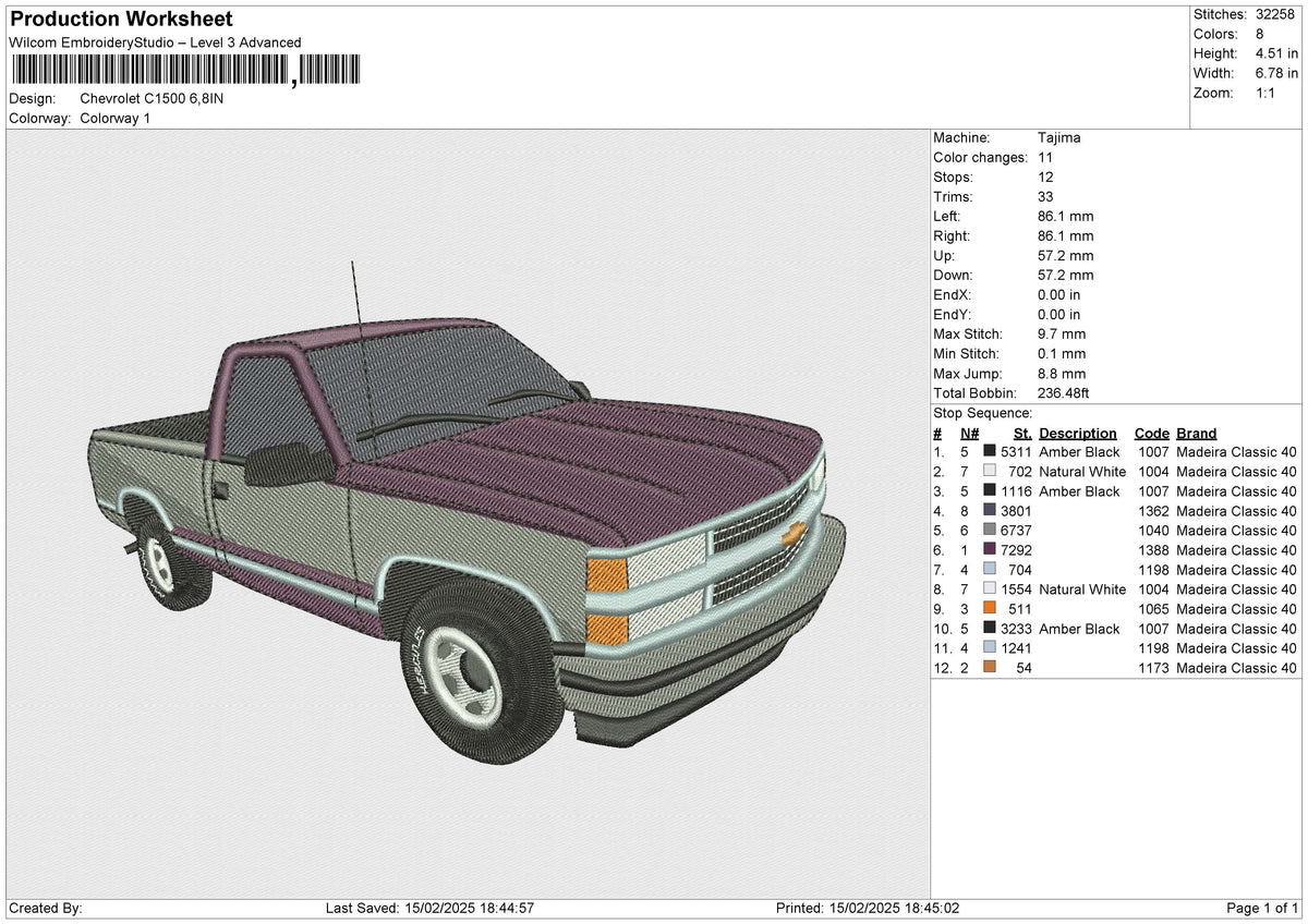 Chevrolet C1500 Embroidery File 6 size