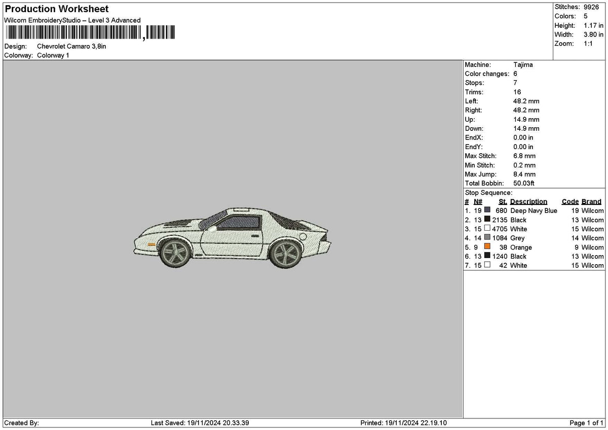 Car 1911 Embroidery File 6 sizes