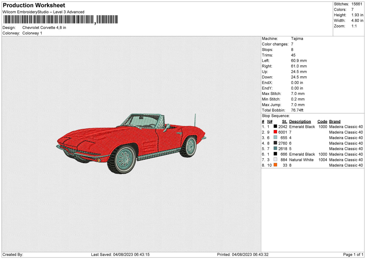 Chevrolet Corvette Embroidery File 6 size