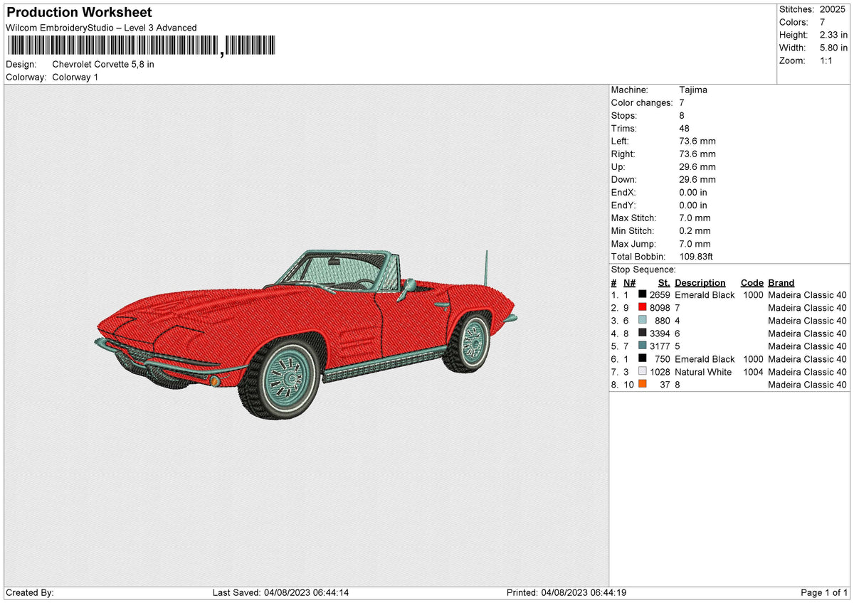 Chevrolet Corvette Embroidery File 6 size