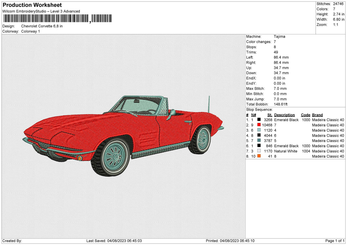Chevrolet Corvette Embroidery File 6 size