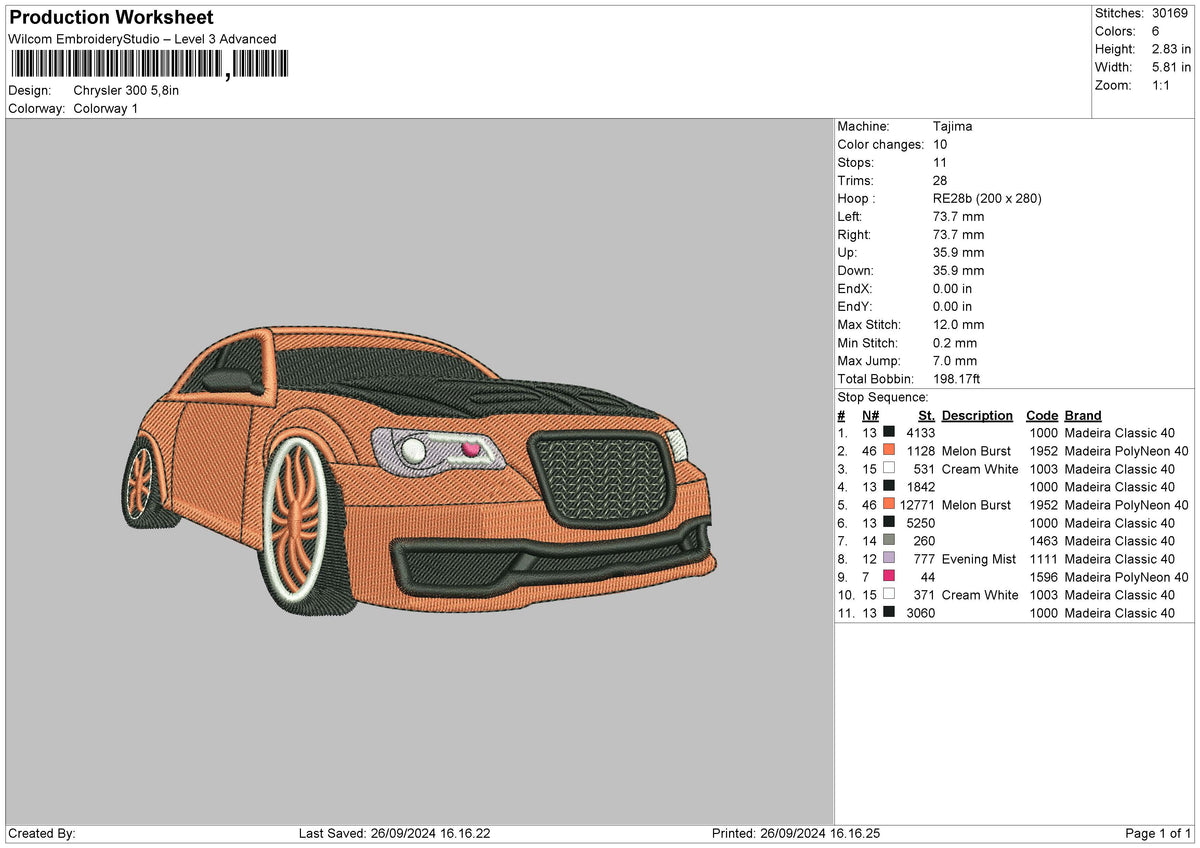 Car 2609a Embroidery File 6 sizes