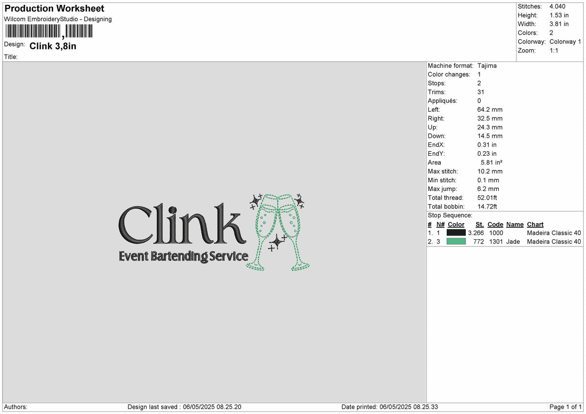 Clink Embroidery File 6 sizes