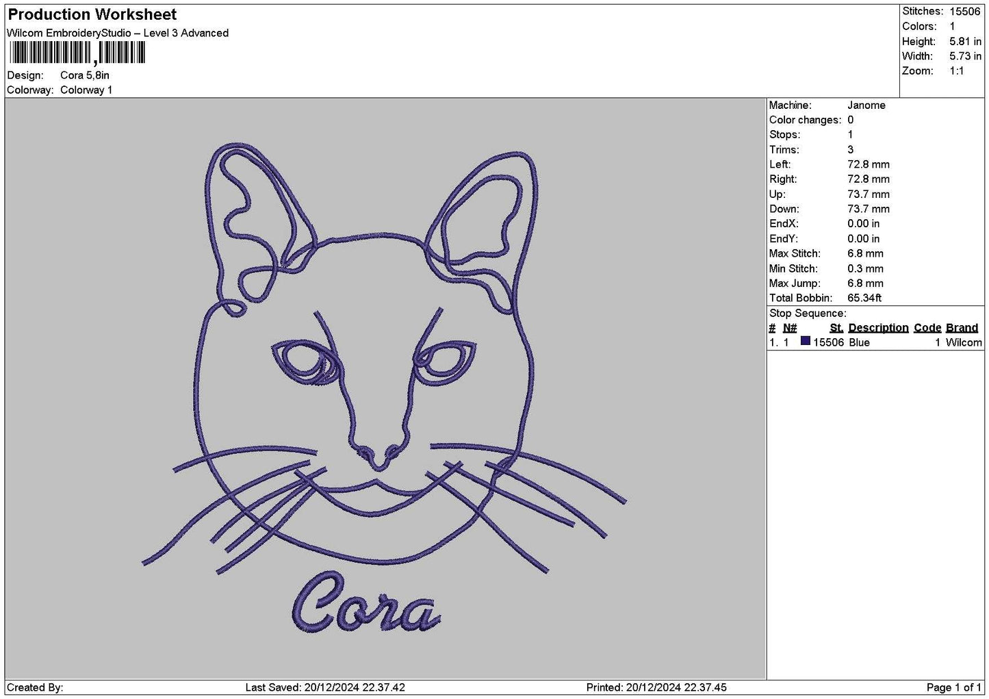 Cora Cat Embroidery File 6 sizes