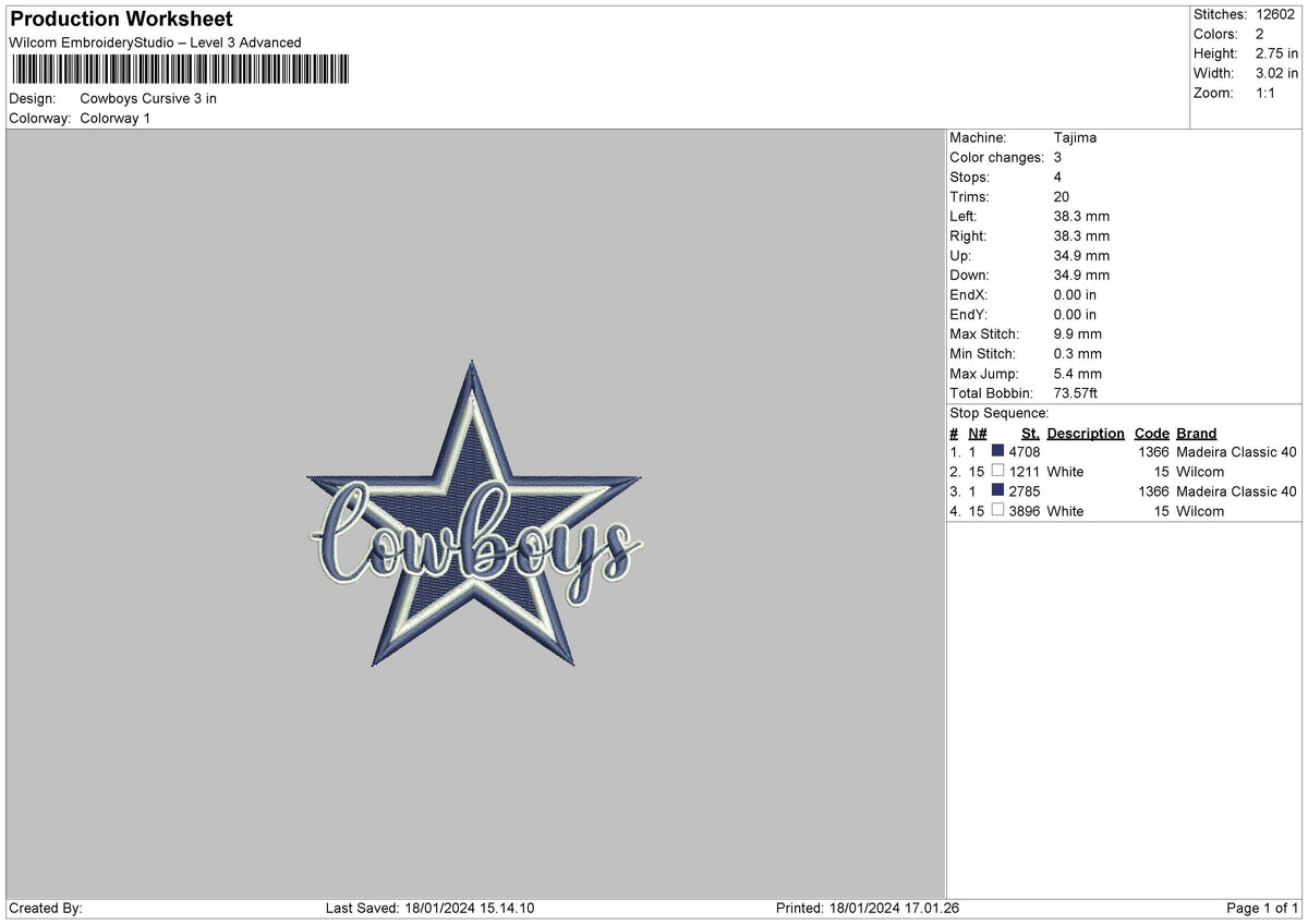 Cowboystar Embroidery File 6 sizes