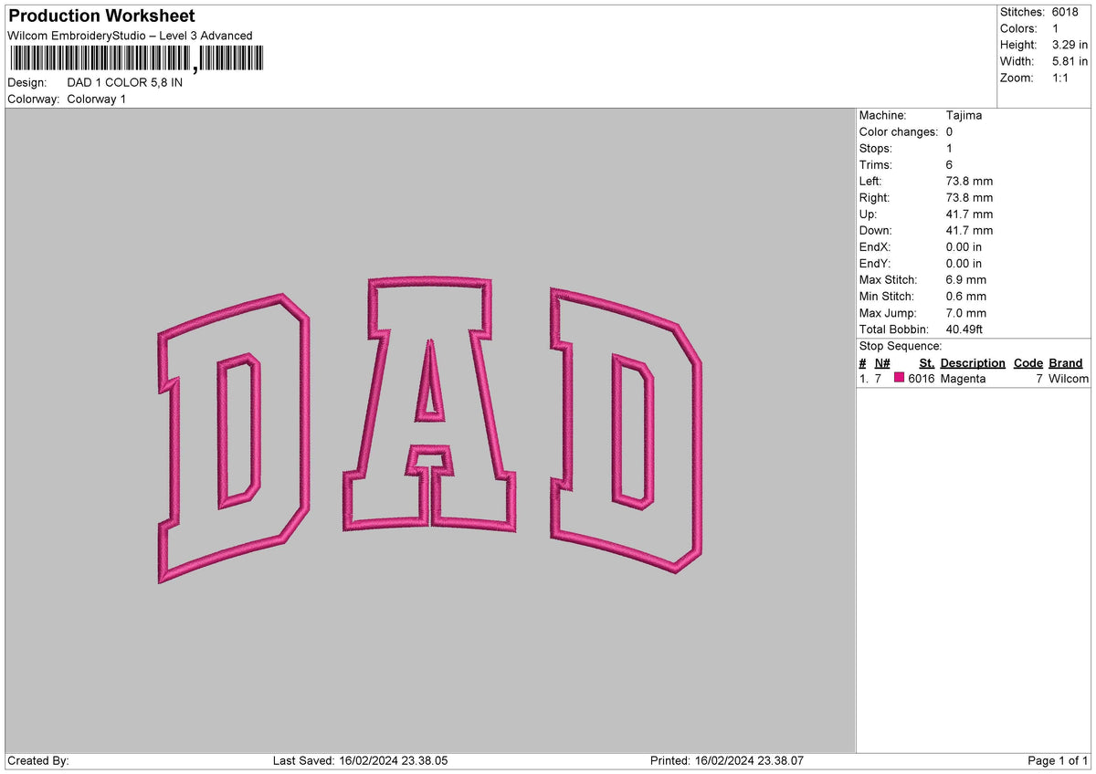 Dad 1 Color Embroidery File 6 sizes