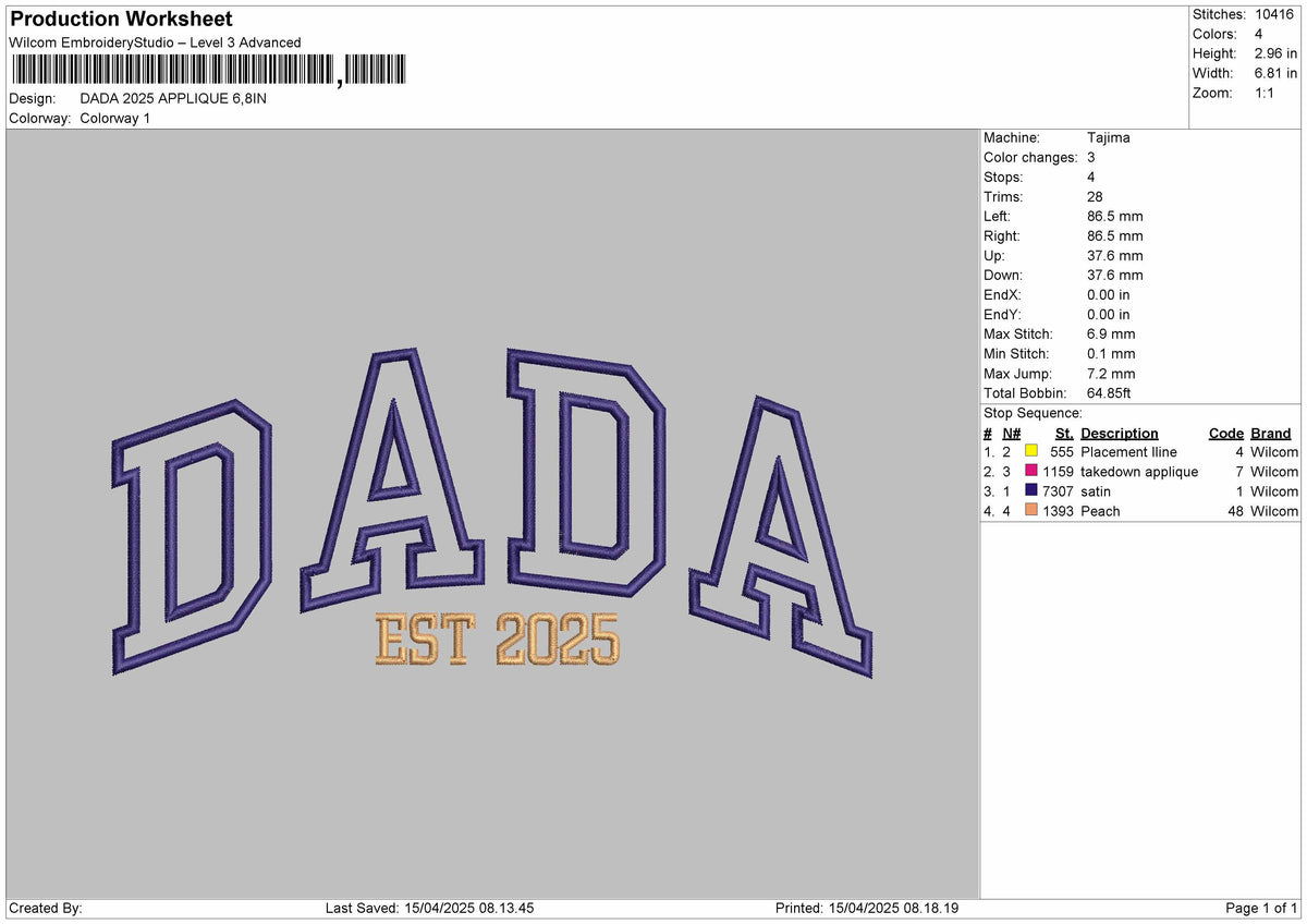 DADA 2025 App Embroidery File 6 sizes