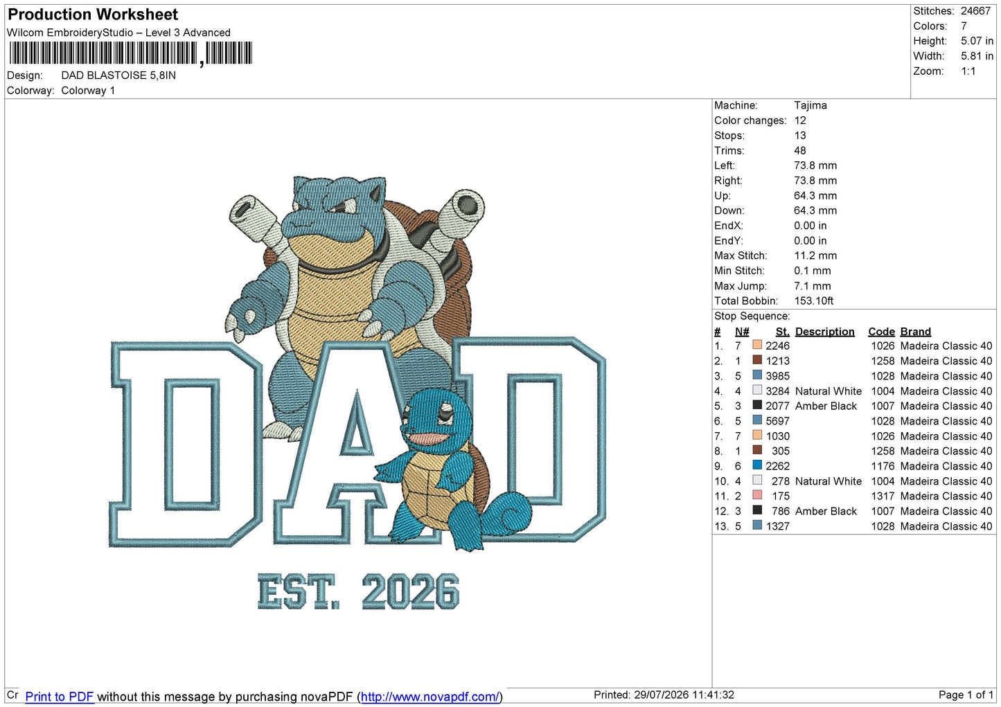 DAD BLASTOISE2026 Embroidery File 6 size