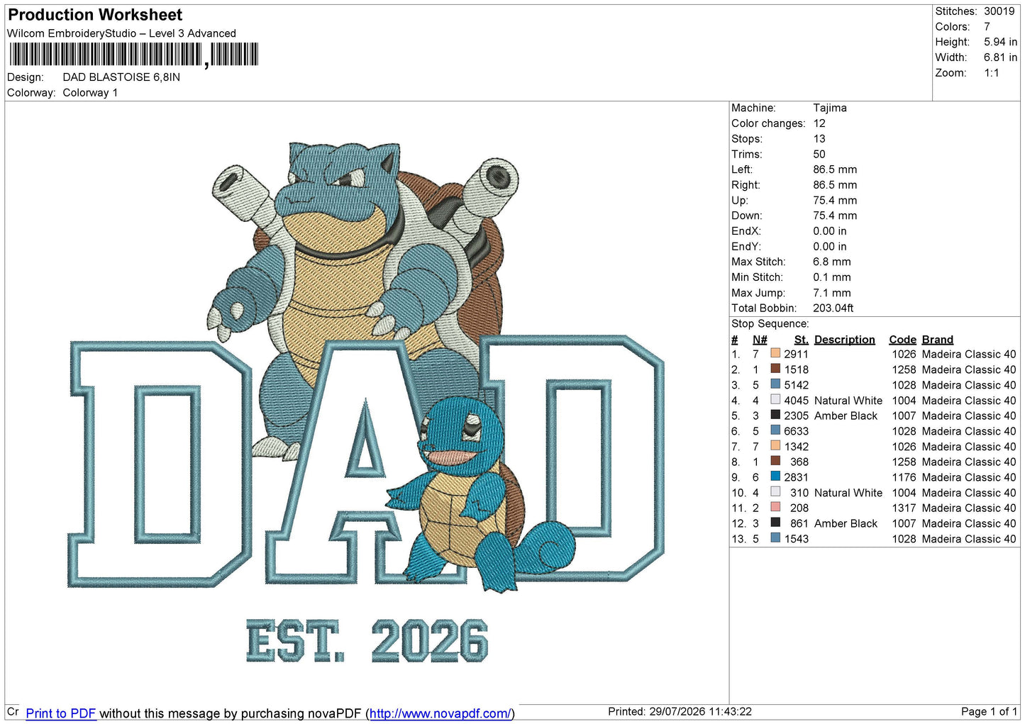 DAD BLASTOISE2026 Embroidery File 6 size