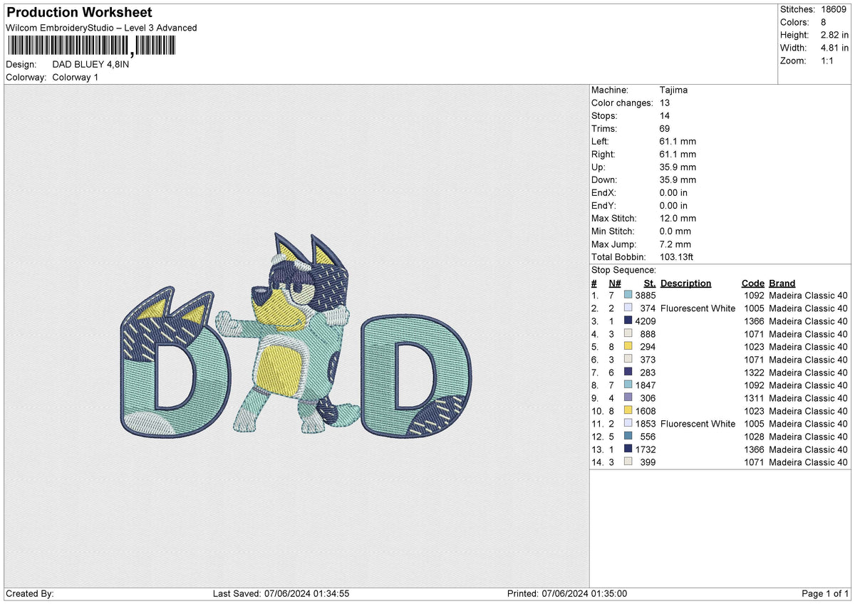 DAD BLUEY Embroidery File 6 size