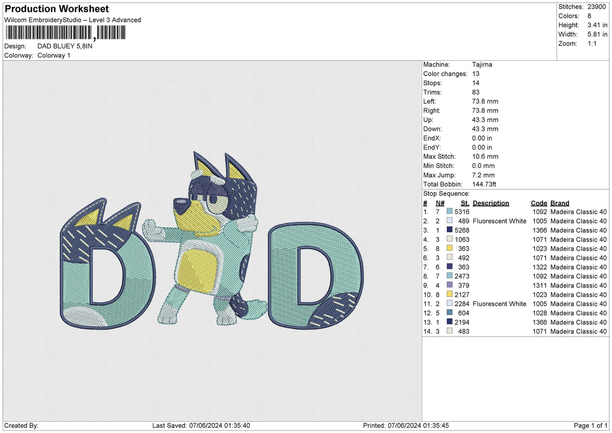 DAD BLUEY Embroidery File 6 size