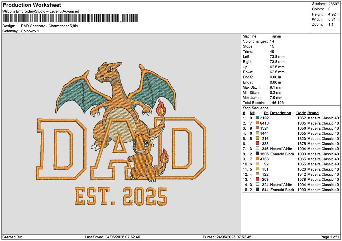 Dad Charizard Embroidery File 6 sizes