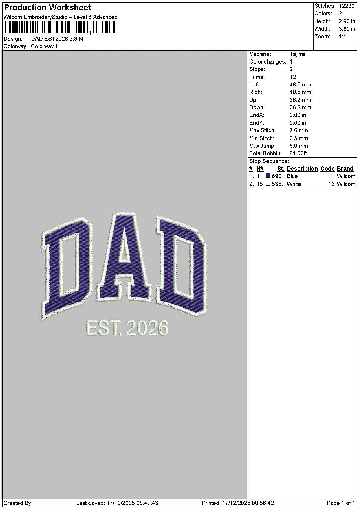 Dadtext 26 Embroidery File 6 sizes