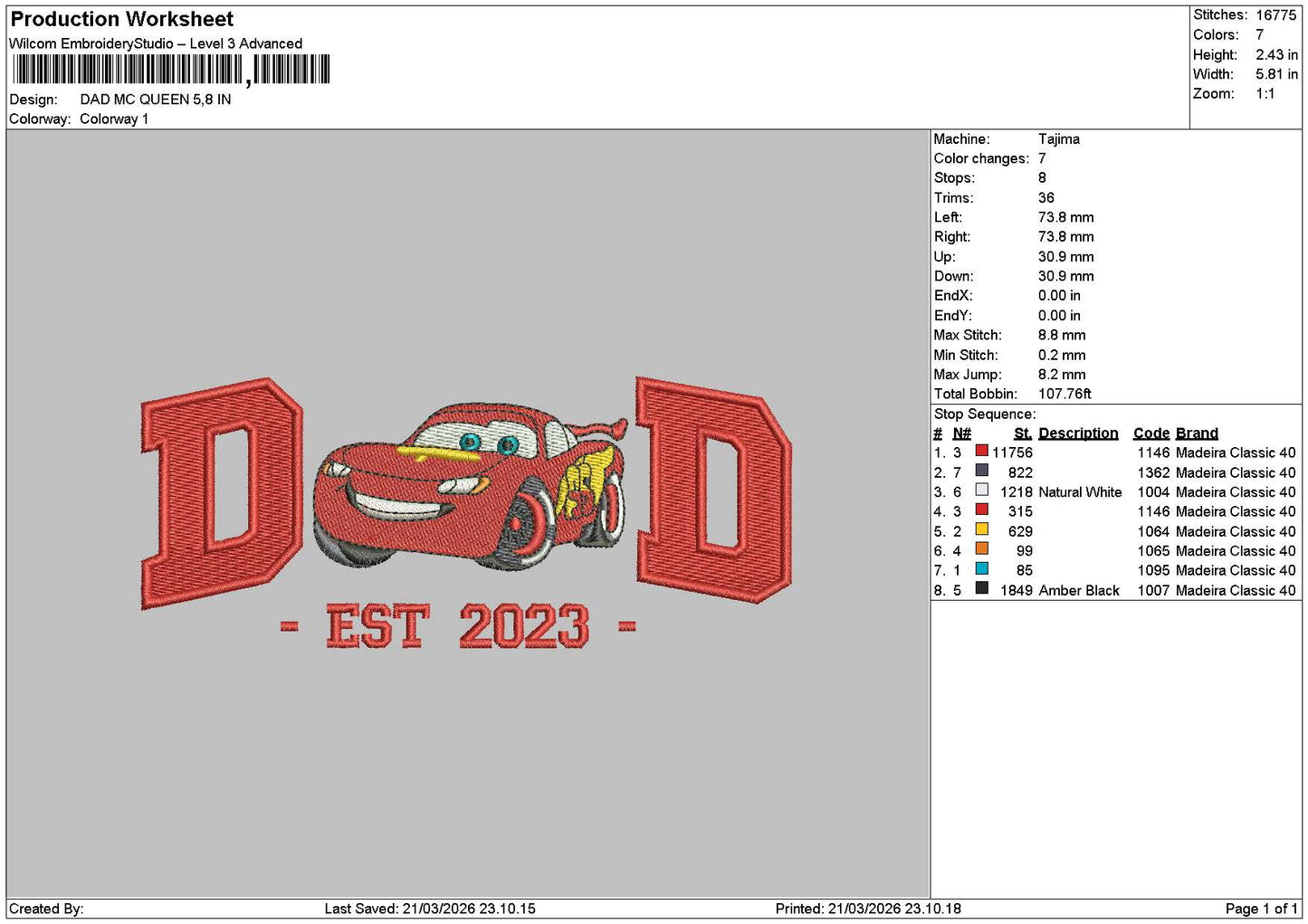 Dad Mcqueen 23 Embroidery File 6 sizes