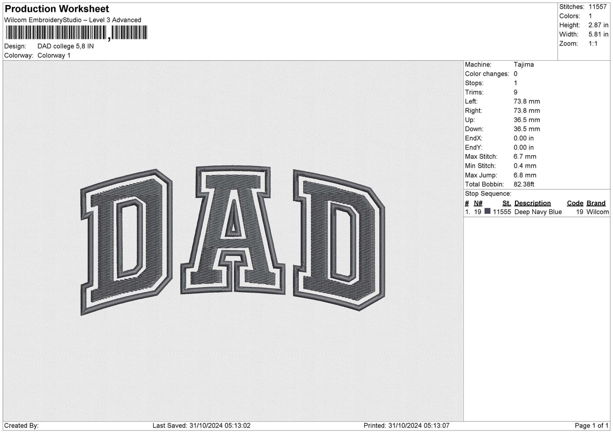 DAD college Embroidery File 6 size