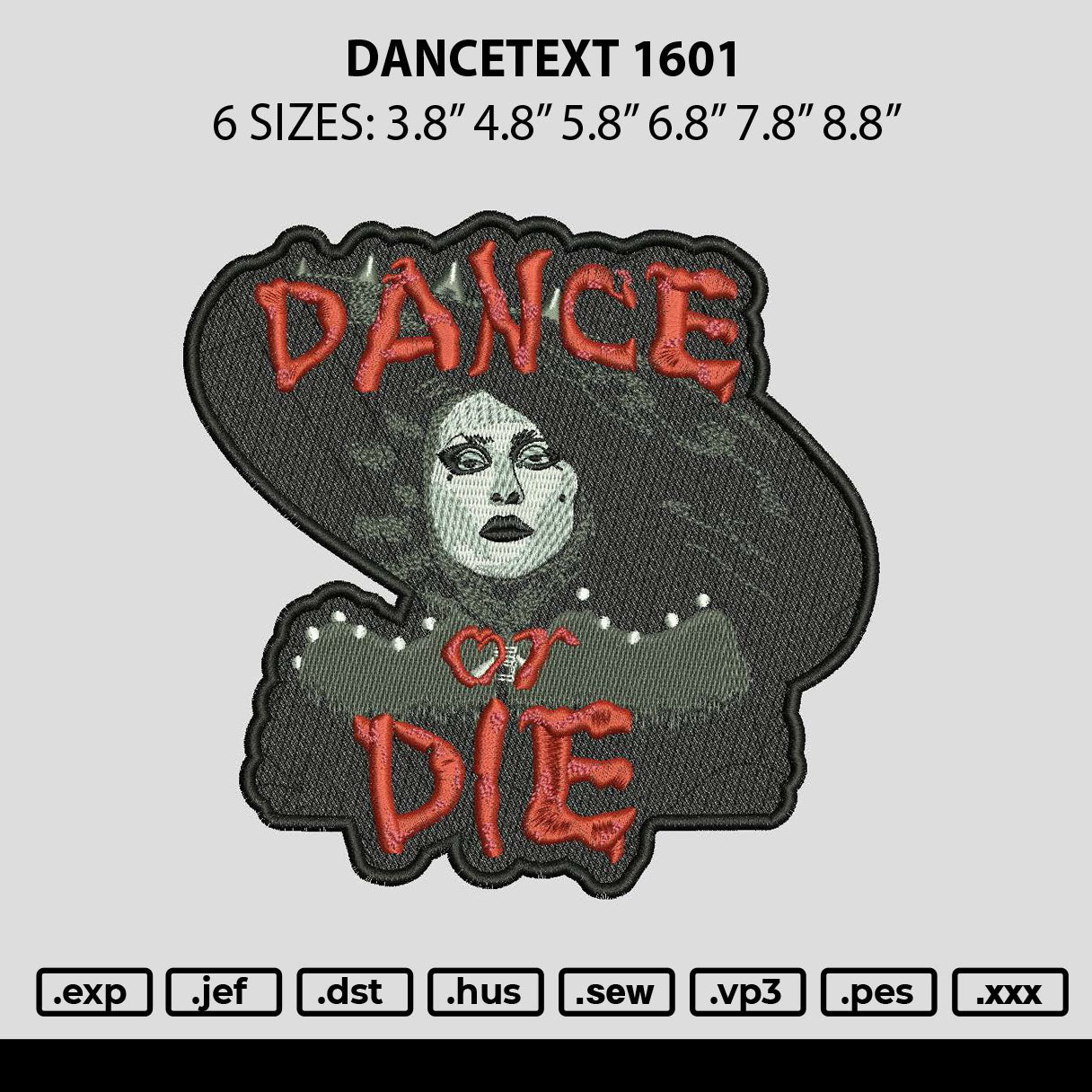 Dancetext 1601 Embroidery File 6 sizes