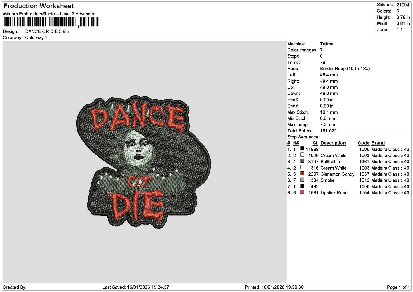 Dancetext 1601 Embroidery File 6 sizes