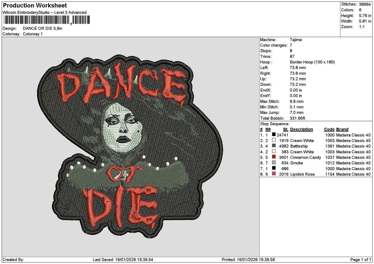 Dancetext 1601 Embroidery File 6 sizes