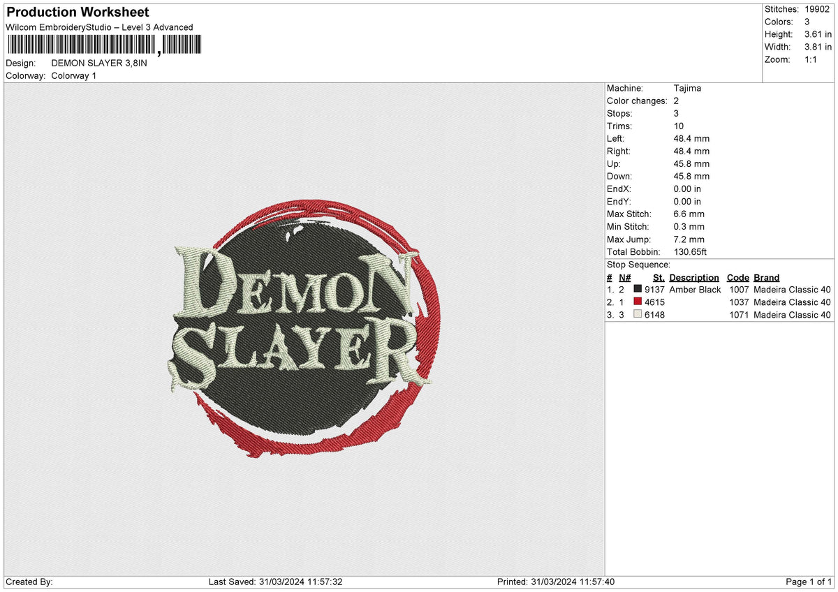 DEMON SLAYER Embroidery File 6 size