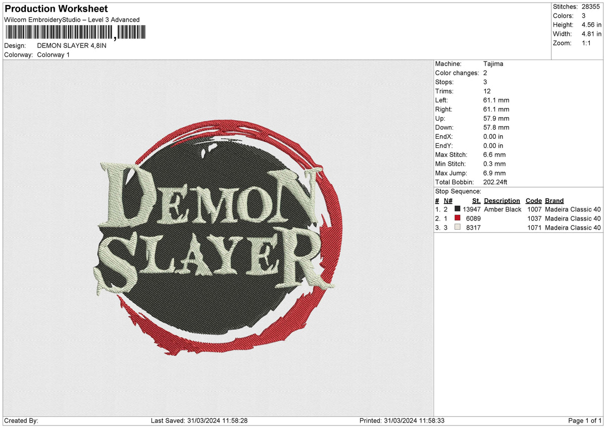 DEMON SLAYER Embroidery File 6 size