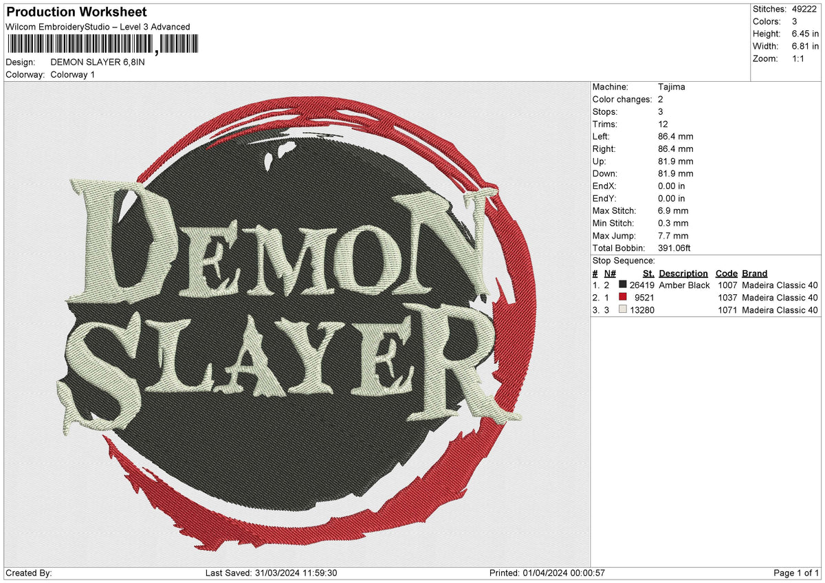DEMON SLAYER Embroidery File 6 size