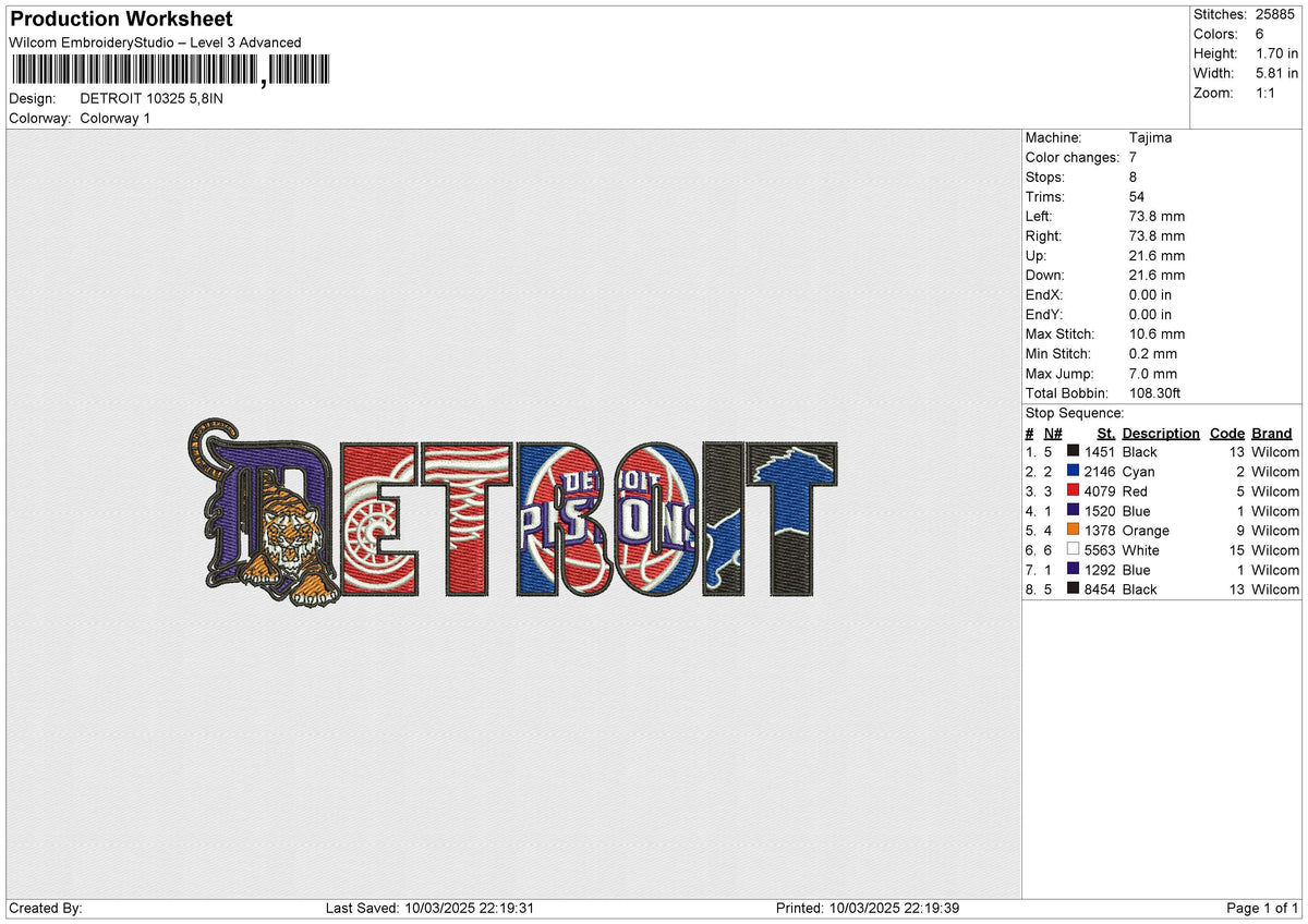 DETROIT 10325 Embroidery File 6 size