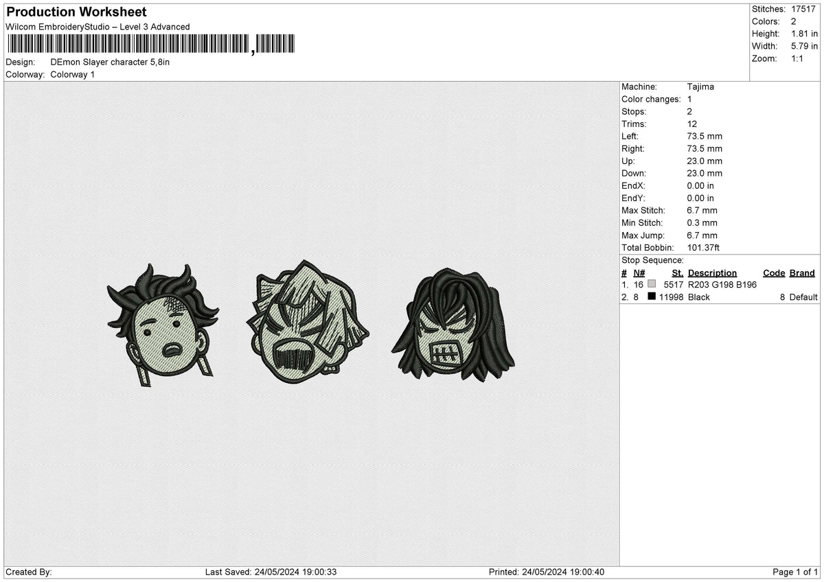 Demon Slayer Character Embroidery File 6 size